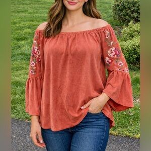 Umgee Rust Soft Faux Suede Lace/Embroidered Off Shoulder Bell Sleeves Top Large
